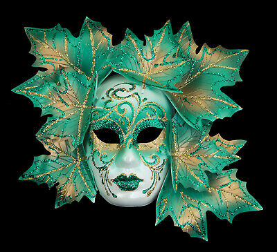 Mask from Venice Miniature Face Magnolia Leaves - Green And Golden Antique 185