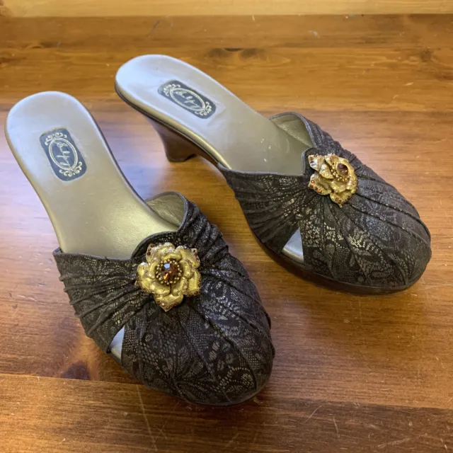 Salpy Women’s 9.5 Black Leather Slip On Heel Clog Shoe Crystal Flower Accent