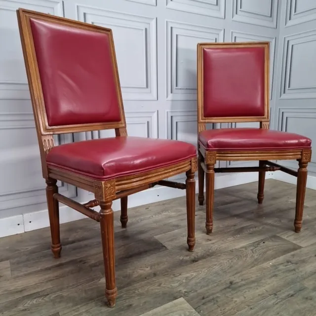 Pair 2 Antique Vintage Carved French Louis Chairs - Red Faux Leather - Wooden