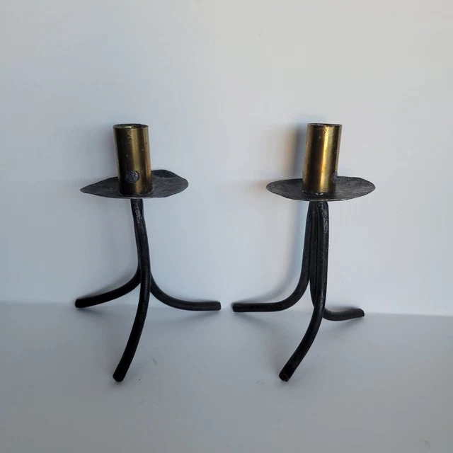 Unique OOAK Vintage Set Pair Handmade Forged Metal Iron Brass Candlestick Holder