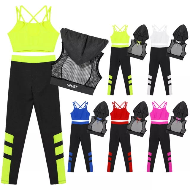 Kid Girls 3Pcs Hip-Hop Street Dance Outfits Hoodie Crop Top Vest Jogger Pants
