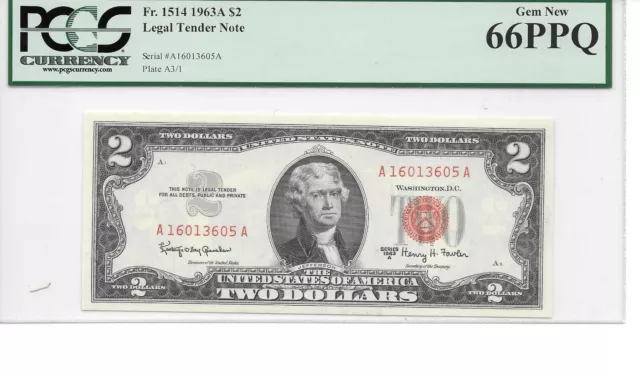 1963A $2 Red Seal Legal Tender Note PCGS 66 PPQ Gem New