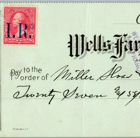 1898 Wells Fargo Bank Check "Miller, Sloss & Scott" (Hardware) San Francisco