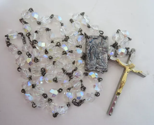 Vintage Our Lady of Lourdes Water Reliquary Crystal AB Glass Rosary Beads Flower