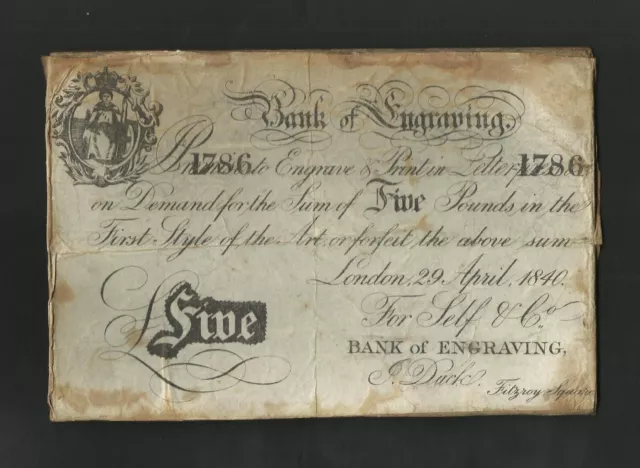 Bank Of Engraving  £5   1840   Skit Note