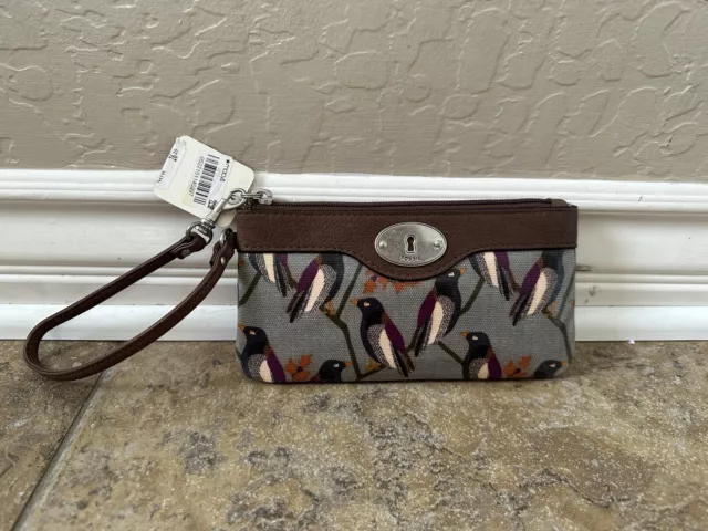 Fossil Key-Per Wallet Fossil Wristlet Bird Print Fossil Coated Canvas & Leather