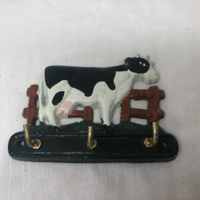 Vintage Cast Iron Barnyard Holstein Cow Key Holder 3 Hooks Wall Mount 5