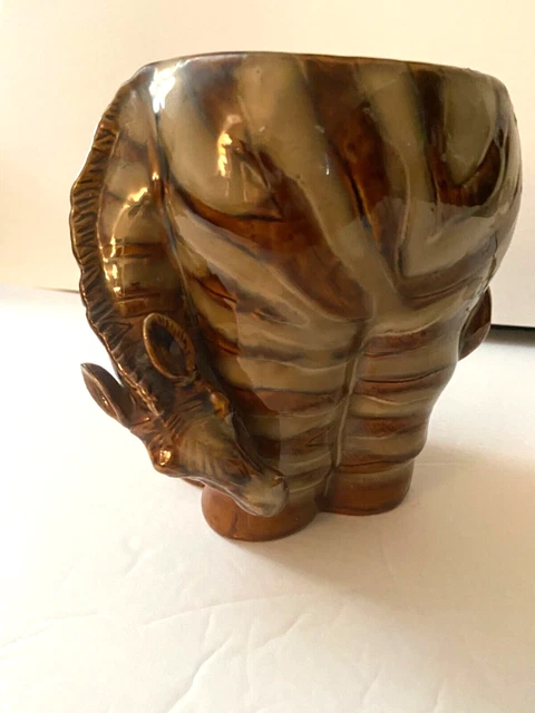 Glossy Brown Striped Zebra Ceramic Planter 6.5”Tall 6” wide succulents