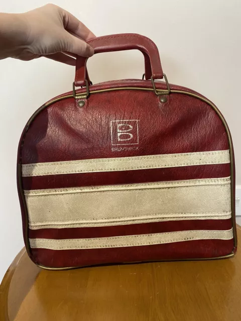 RARE Vintage 1980’s Brunswick Bowling Ball & Bag Red White Stripe wit Metal Rack