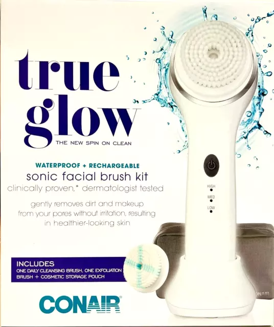 Conair True Glow Sonic Facial Brush Kit Waterproof Rechargeable 2 Brush Heads