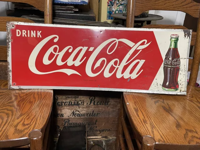 VINTAGE 1950s DRINK COCA COLA ADVERTISING ARROW SIGN  31” PAINTED TIN METAL RARE