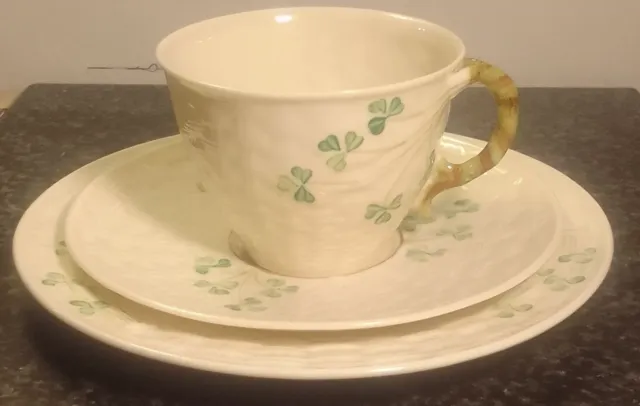 Vintage Belleek fine china Ireland Shamrock tea cup trio Basket Weave Effect