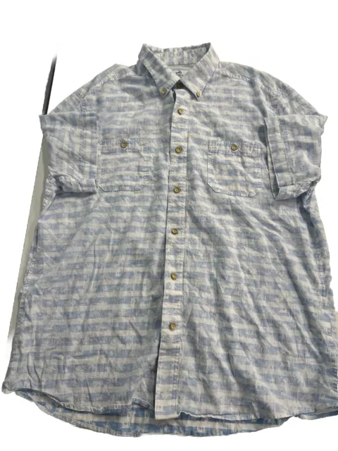 Southern Tide Linen Blend Mens Shirt L Reverse Print Blue Stripe Palms SS