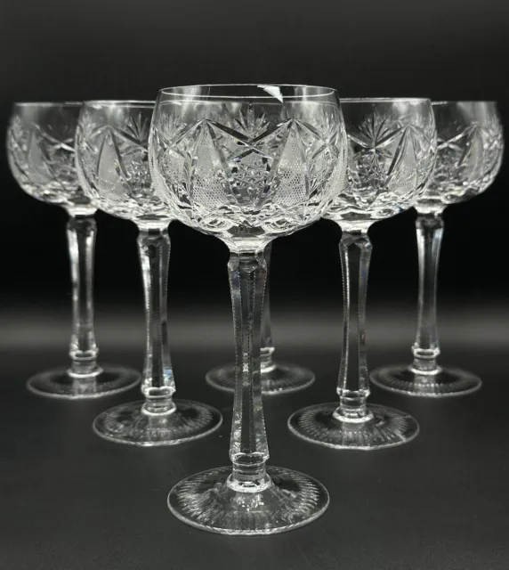 Vintage Bohemian Cut Crystal Wine Or Water Goblet Set Of 6 Drinking Glasses 8in”