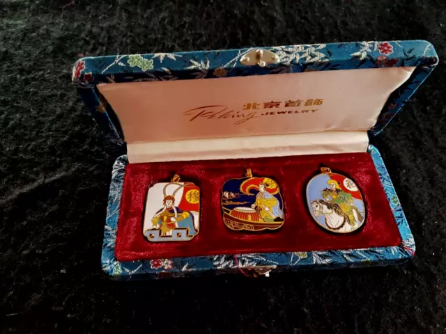 Chinese Enamel Pendants X 3 With Box Peking Jewelry China Jewellery