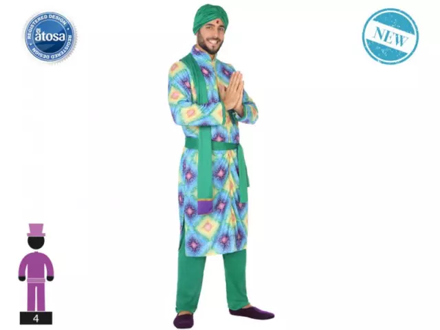 Costume indù indiano uomo vestito multicolore adulto con turbante carnevale