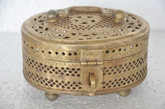 Old Brass Engraved Jali Cut Work Handcrafted Jewellery Box , Rich Patina