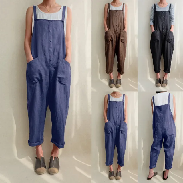 Women Cotton Linen Strappy Jumpsuit Dungarees Baggy Overall