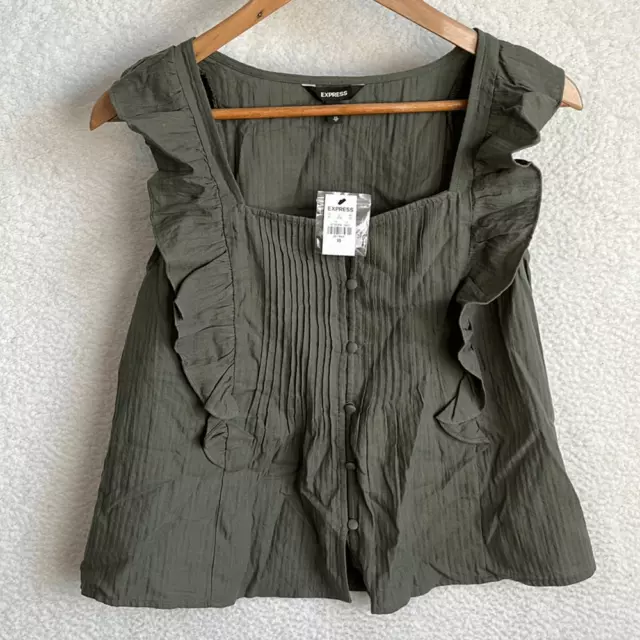 Express Shirt Womens Size XS Green Ruffle Sleeveless Button Front Top Blouse