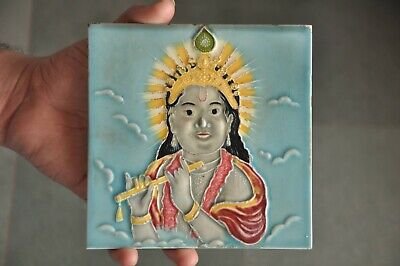 2 Pc Vintage Majolica Lord Krishna Picture Embossed Tiles, Japan 3
