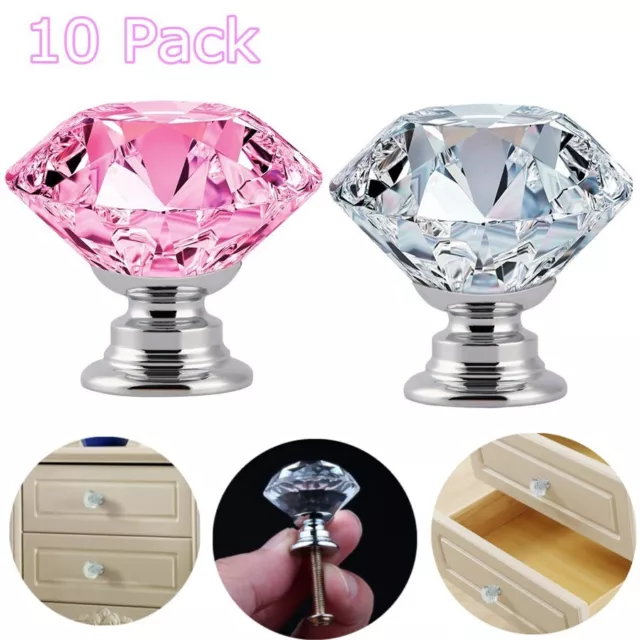 10PCS Door Handle Diamond Crystal Clear Glass Cabinet Drawer Pull Knobs Home US