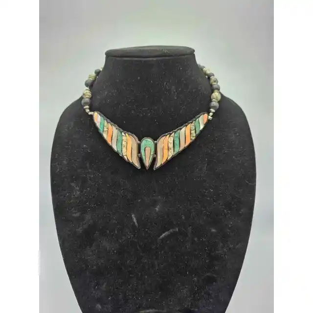 Vintage 1970s Stone Inlay Statement Piece Necklace Earth Tones Beaded