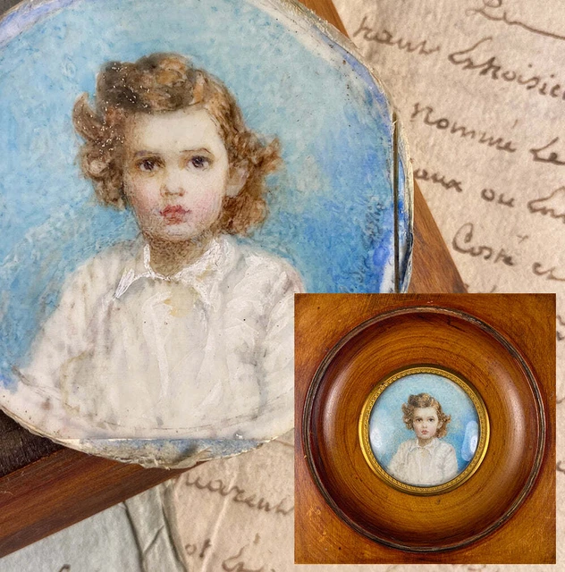 ANTIQUE FRENCH PORTRAIT Miniature of Little Girl Boy, Blond Child