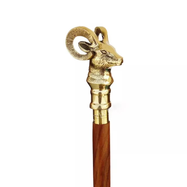 Antique Brass Heavy Mountain Goat Handle Brown Wooden Walking Stick Cane Gift