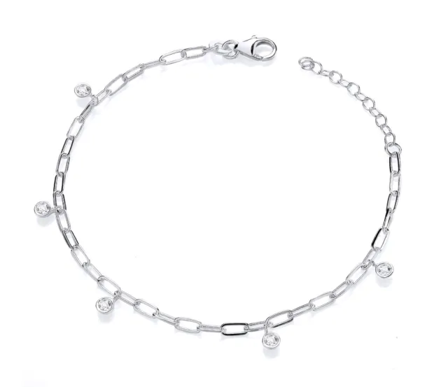 925 Sterling Silver CZ Charm Paperclip Chain Adjustable Bracelet Ladies or Girls