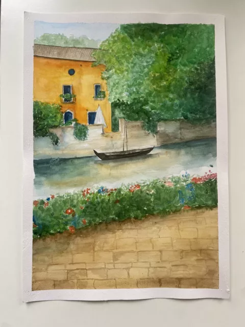 Aquarell Bild Sommer Fluss Haus Wald Landschaft Blumen 30x42 Cm