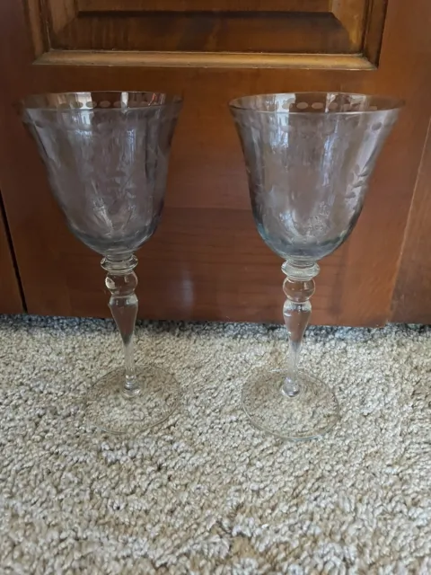 Royal Danube Set of 2 Etched Stemmed Wine Glasses Blue Clear 7 7/8" in Height