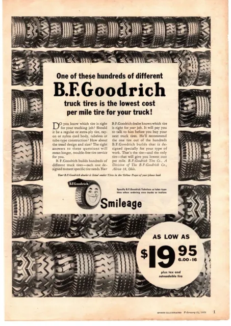 1959 B.F. Goodrich Tire Co. Smileage Nylon Cord Tubeless Tires Akron OH Print Ad