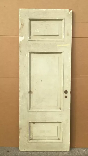 1 Antique Early Wood Raised 3 Panel 30x81 Thick Door Vintage Old Green 1695-21B