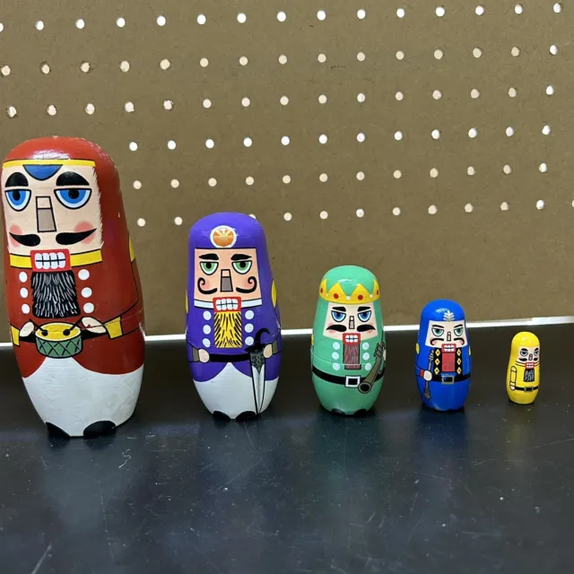 Christmas Nesting Dolls Russian Matryoshka 5 Pc Wooden Handmade Nutcracker Drum