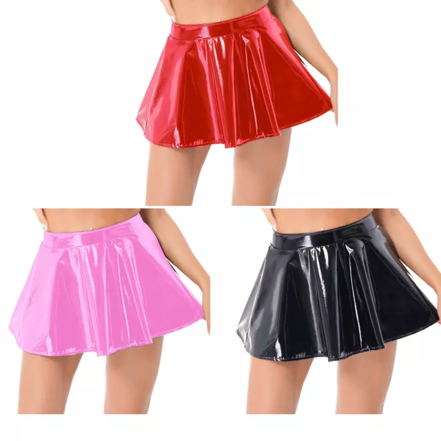 WOMEN METALLIC FLARED Skirts Leather Wet Look Pleated A-line Skater ...