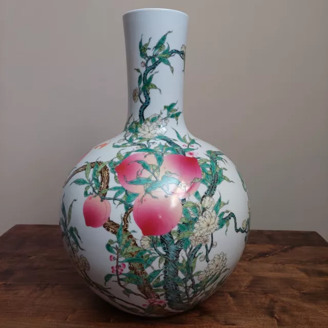 Massive Chinese Qianlong Famille Rose Peach Porcelain Tianqiuping Vase 22"