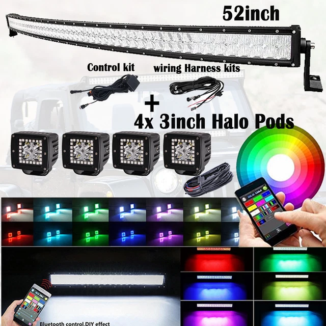 52" Curved RGB LED Light Bar Multi Color Change + 4x 3" RGB HALO Cube Pods Kits