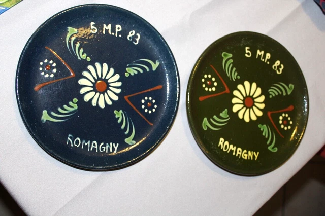 lot 2 petites assiettes terre cuite alsacienne ROMAGNY 5 ème marche peintes main