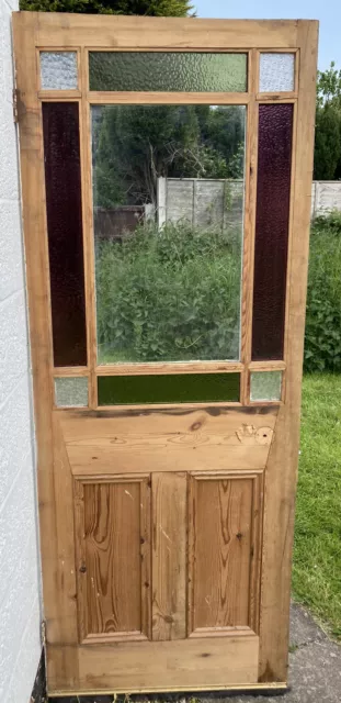 Victorian stripped pine, stained glass internal door 194 cm x 76 cm