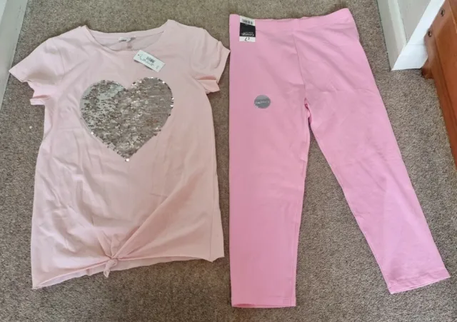 Girls age 12-13 BNWT pink tee shirt & cropped leggings rrp £16 sequin heart