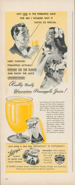 1941 Libbys Pineapple Juice Hawaiian Lei Glass Tomato Vintage Print Ad L5
