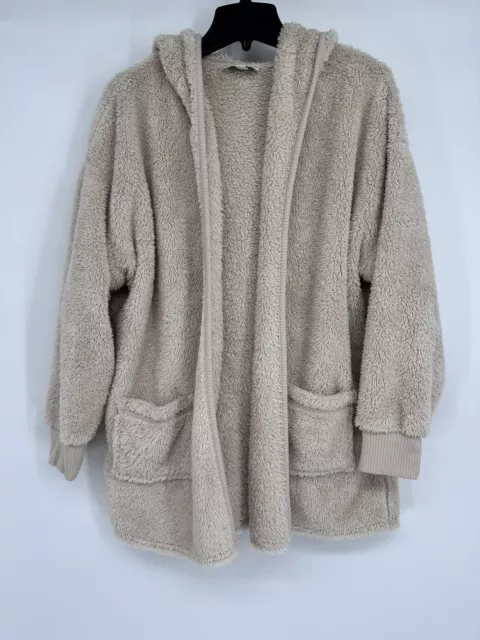 KOOLABURRA UGG Sweater Womens L Beige Sherpa Fleece Hood Long Sleeve Cardigan