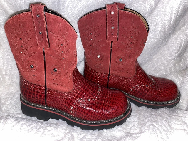EUC Arial Red Fat Baby Cowgirl Leather Boots Size 8B 8 Round Toe Studs Gems