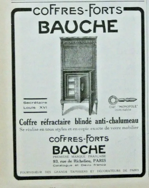 Publicité De Presse 1926 Coffres-Forts Bauche Réfractaire Blindé Anti-Chalumeau