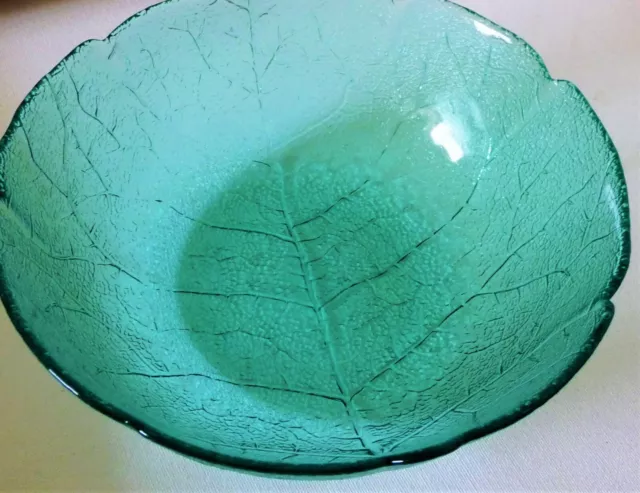 bowl green glass with leaf design medium size deep for salad fruit decorative