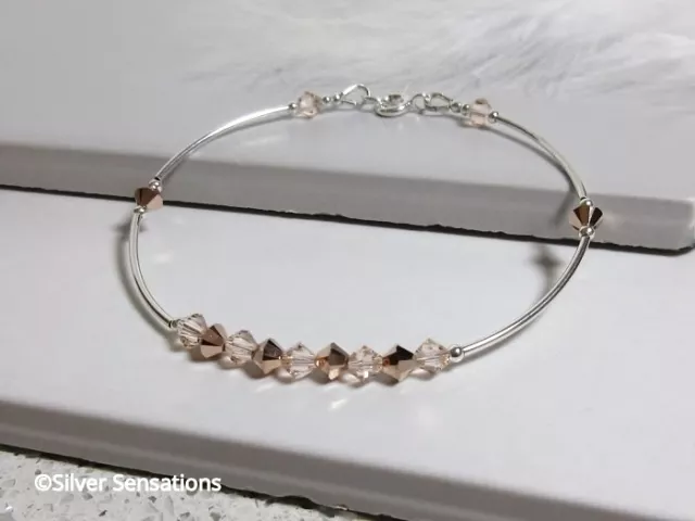 Sterling Silver Bangle Bracelet With Pale Peach & Rose Gold Swarovski Crystals