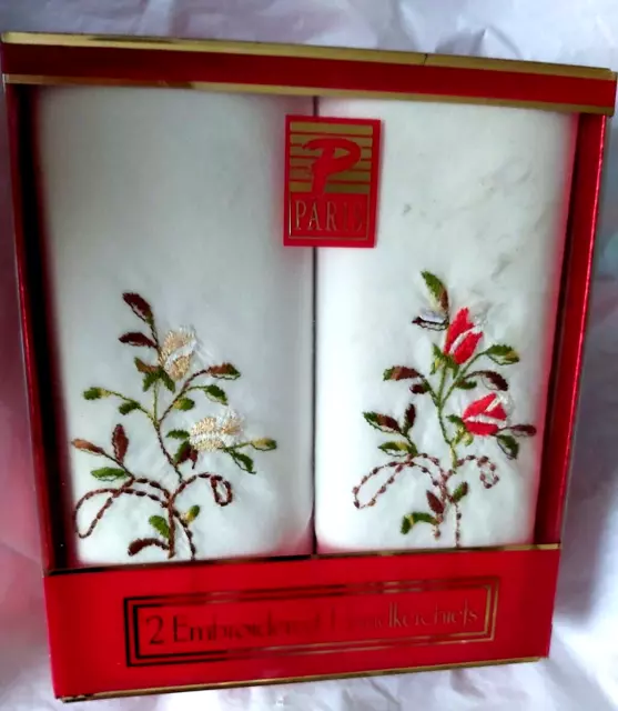 Boxed Set of 2 Ladies P Paris Ladies Embroidered Floral Handkerchiefs NIB NOS