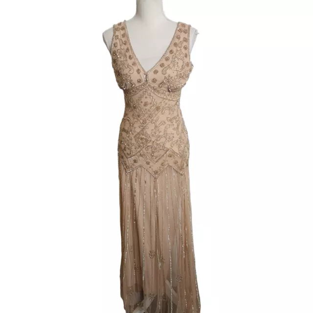 Pisarro Nights Beaded Mesh Column Brown Gown Womens Size 2