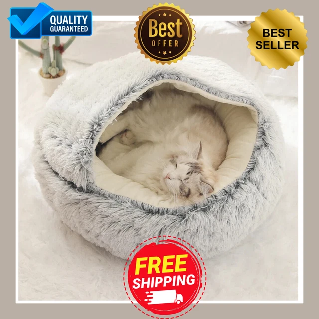 Cat Bed Cave Round Plush Fluffy Hooded Cat Bed Donut Self Warming Pet Dog Bed **
