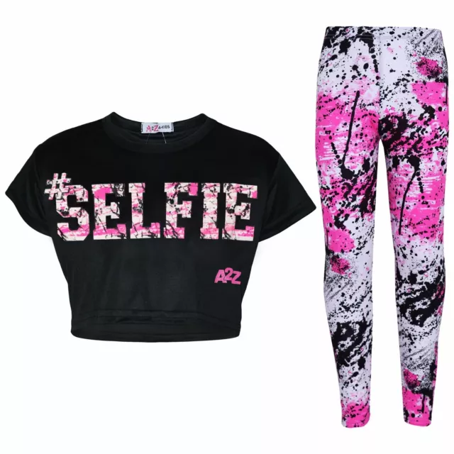 Kids #SELFIE Splash Print Black Set Crop Top Leggings Outfit Girls Age 5-13 Year